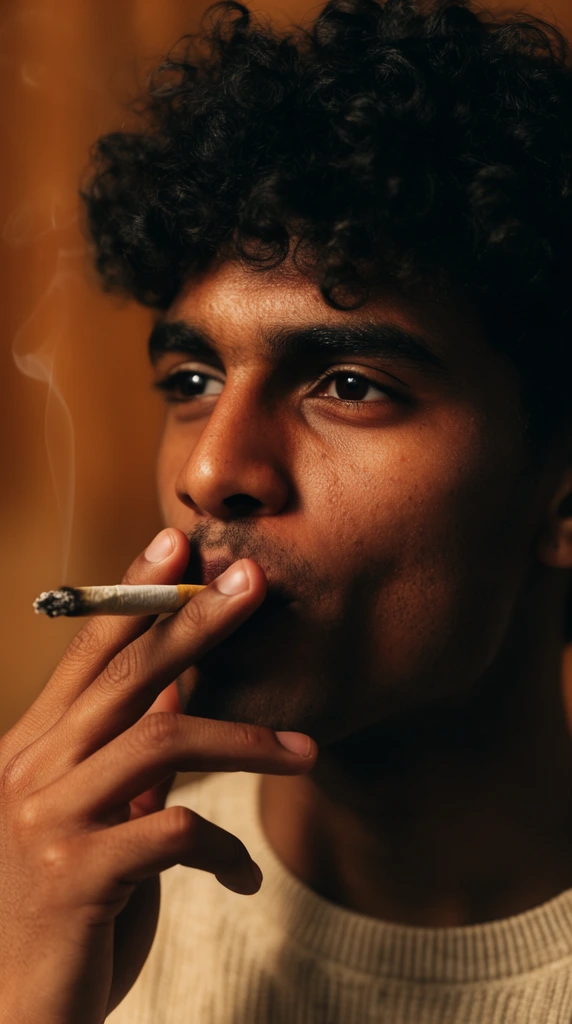 A close-up cinematic portrait of a young man with dark curly hair and warm brown skin smoking a hand-rolled cigarette. Looking thoughtfully off-camera, his hand rests near his mouth holding the lit cigarette. He wears a light beige ribbed knit shirt. Warm, directional lighting casts deep shadows on his face, highlighting rich skin texture against a softly blurred amber-brown background.