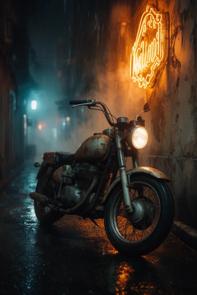 Weathered classic cruiser motorcycle, illuminated round headlight, rusted teardrop fuel tank, wire-spoke wheels, parked on a dark wet narrow alleyway street, heavy falling rain streaks, intense warm amber glow from an ornate neon sign on the wall, contrasting cool cyan lighting down the street, glossy pavement reflecting vibrant orange and blue light, grunge-textured walls, cinematic neo-noir aesthetic, high contrast lighting, atmospheric mist, photorealistic