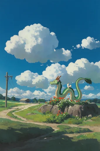 Nostalgic Ghibli Summer style reference image — cumulonimbus clouds