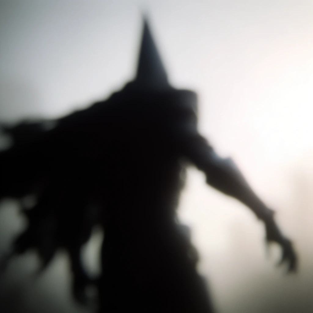A heavily blurred dark silhouette of a towering humanoid figure featuring a pointed, conical head and a ragged cape billowing to the left. The obscure figure extends one long arm forward, positioned centrally against a glaring, overexposed pale white and hazy grey background. Intense backlighting and an extreme soft-focus lens effect cause the edges of the pitch-black subject to bleed softly into the luminous, foggy backdrop, stripping away all fine details to leave only high-contrast abstract shapes.