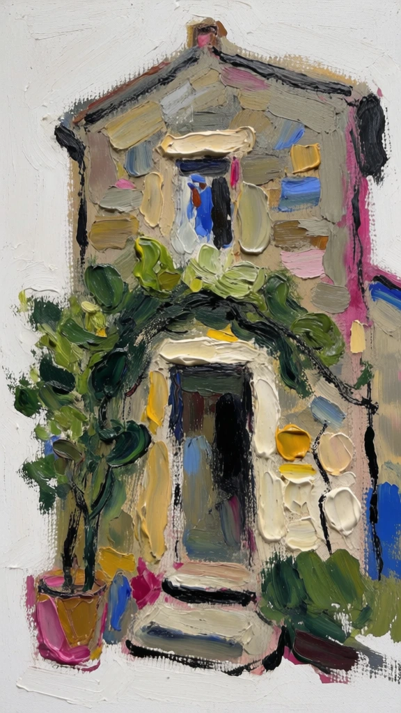 thick impasto oil painting of a stone building with a lush climbing plant over a central doorway, heavy palette knife strokes, sculptural three-dimensional paint layers, vibrant hits of magenta and cobalt blue against ochre and grey, gestural black charcoal-like outlines framing the structure, clean white background, high-contrast visceral texture, expressive abstract interpretation, raw energetic pigment application, tactile depth, minimalist composition with explosive interior detail.