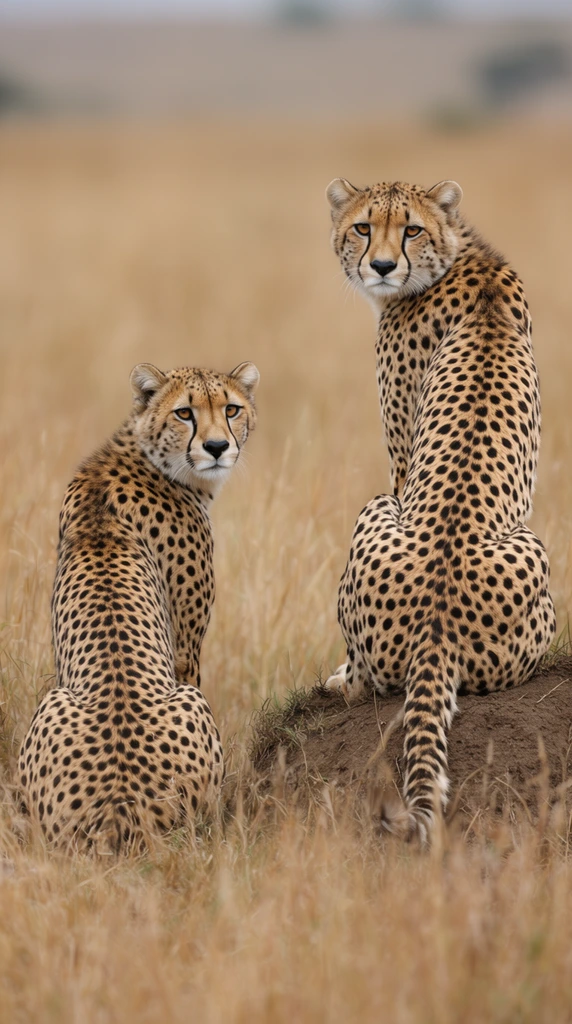 Two cheetahs sit in a dry savannah, turning over their shoulders to look directly at the viewer. The cheetah on the right rests elevated on a dirt mound, while the left cheetah sits lower in the tall, golden-brown grass. Both display distinctive black facial tear marks, spotted tawny coats, and amber eyes. Captured with a telephoto lens, this wildlife photography features diffused natural lighting and a shallow depth of field that sharply focuses on the animals against a smoothly blurred background.