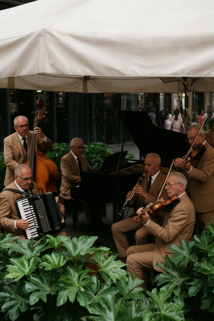 A six-piece band of older men in identical tan suits and dark ties performs beneath a draped white canvas awning. Vibrant green, large-leafed plants frame the immediate foreground. The musicians play a dense arrangement of instruments: a standing man on the left plays an upright bass, a seated man plays an accordion, another sits at a black grand piano, one plays a clarinet, and two men on the right play violins. The shaded outdoor ensemble is backed by dark glass storefronts and softly lit pedestrians. The cinematic, eye-level composition highlights the uniform earthy tones of the suits contrasting sharply against the black instruments and lush foliage.