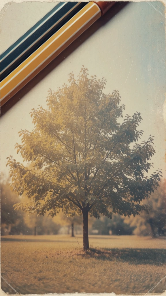 a lo-fi vintage film photography aesthetic, 90s analog snapshot style, grainy texture with physical paper collage elements, a central tree as the primary subject, two drawing pens layered diagonally across the corner, muted warm tones of mustard yellow and sepia, desaturated blues, soft indoor flash lighting, nostalgic diy collage look with rough cut paper edges, subtle dust and scratches on a worn photo print, center-weighted composition, low-contrast and faded color palette.