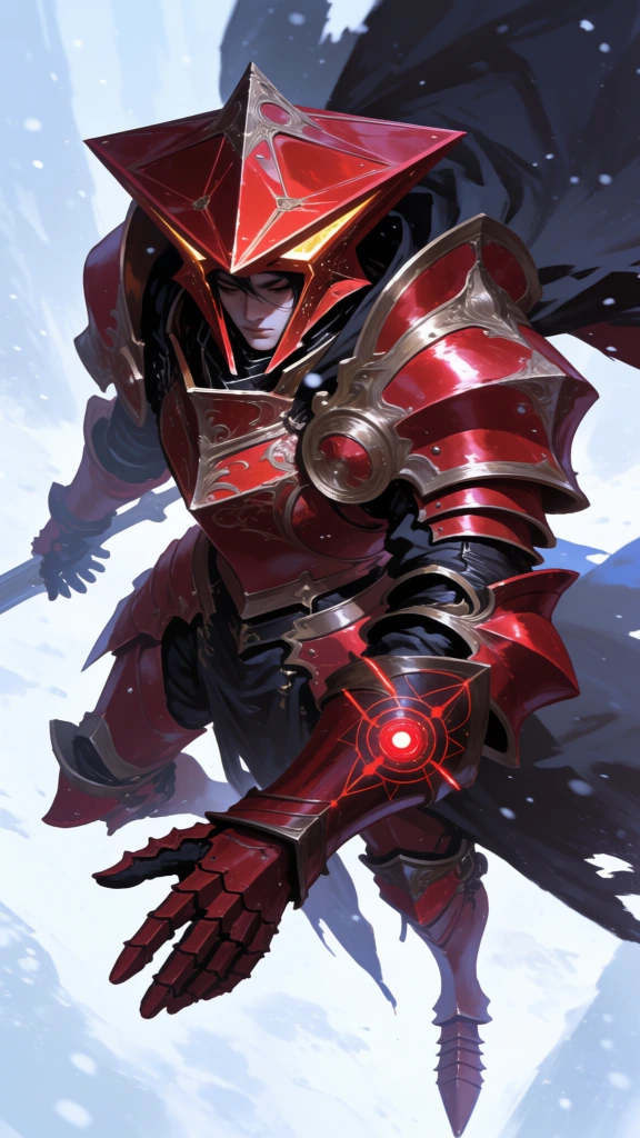 "A Morrowen Knight levitating forward, left arm extended in a commanding flight gesture. Heavy crimson-red medieval-sci-fi armor, glossy lacquered metal, ornate gothic shapes. HELMET IS A HARD GEOMETRIC INVERTED PYRAMID flat faceted faces, sharp triangular planes, wider at the top and tapering downward to a point. NO curved dome. NO rounded helmet. NO Destiny helmet. The LOWER FACE AND CHIN ARE EXPOSED beneath the pyramid visor. Helmet sits above a thick armored nape brace. Massive red pauldrons and layered gothic plate. Alien filigree. Left forearm bears a glowing red ‘Morrowen Bracer’ with angular geometric stasis-tech. Knight hovers in low gravity, cape fragments drifting. Moebius × Incal × Villeneuve × medieval sci-fi fashion. Ultra-detailed metal. Heroic lighting."