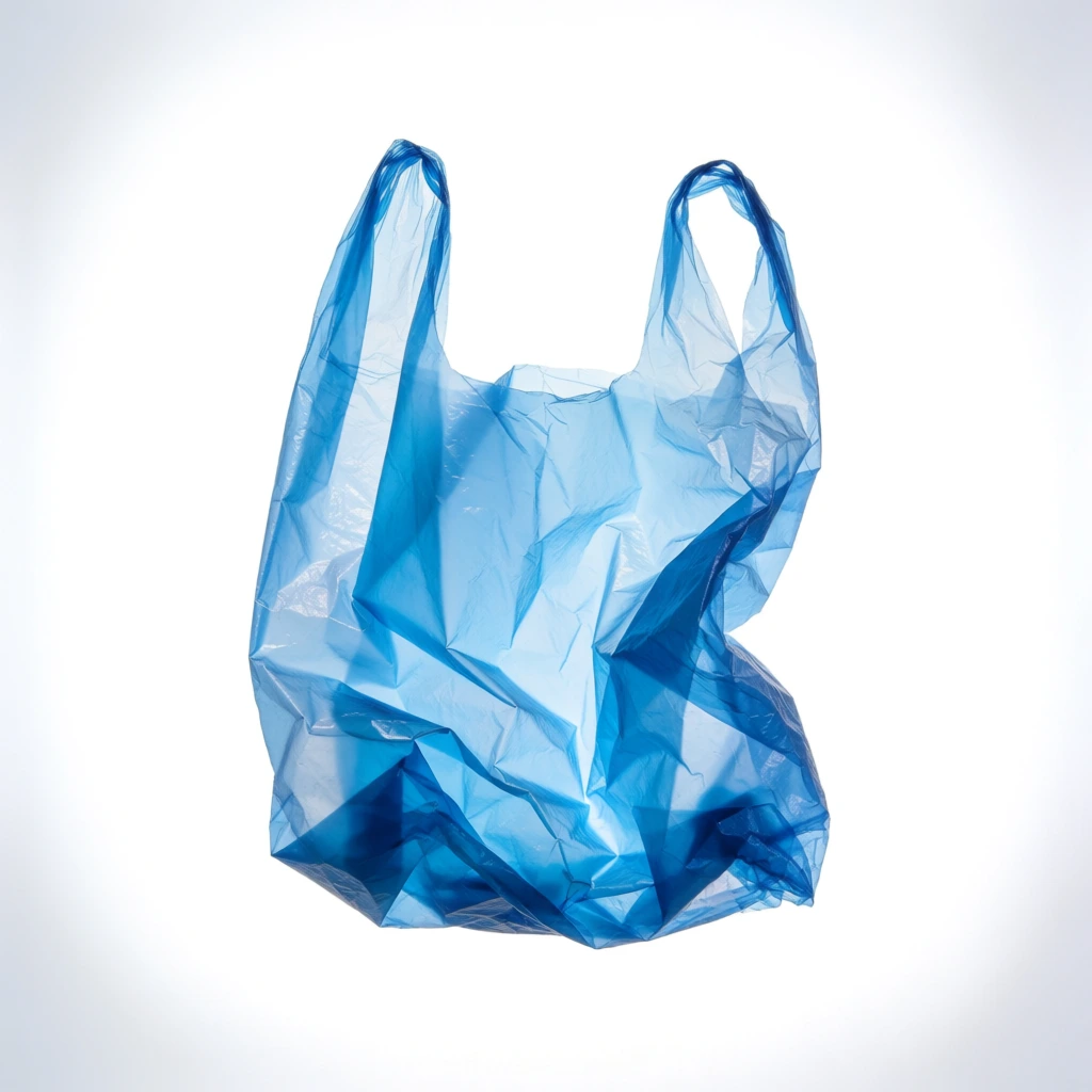 A single, crumpled blue plastic shopping bag is centered against a stark white background. The bag is made of thin, semi-translucent blue material and features two looped handles at the top. Its surface is heavily creased and folded, creating a complex pattern of light and dark blue tones where the plastic layers overlap and catch the light. The bag appears to be floating or suspended, with no visible support or contact with a surface. The surrounding environment is a plain, bright white space with a subtle, soft vignette that darkens slightly towards the corners of the frame. The lighting is bright and even, highlighting the translucent quality and intricate textures of the plastic's wrinkles and folds. This studio-style photograph uses a straight-on, eye-level perspective with a shallow depth of field that keeps the entire bag in sharp focus. The color palette is minimal, consisting entirely of various shades of blue against a clean white backdrop.