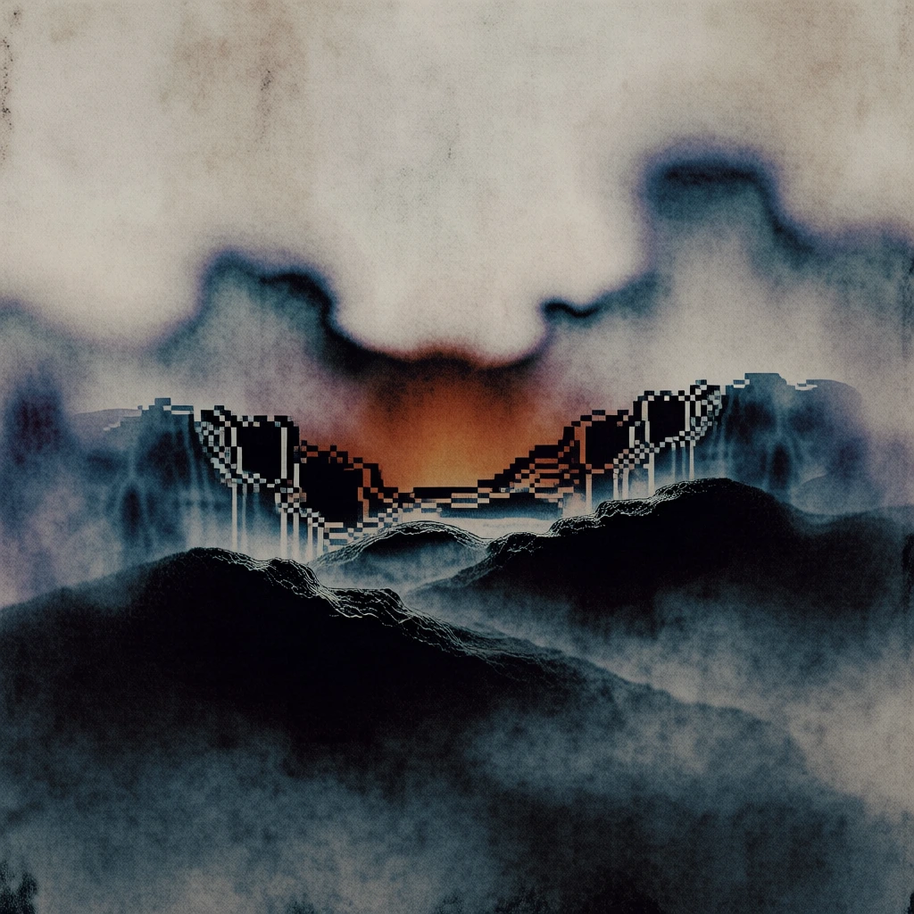 centered framed pixel art landscape, dark surrealist aesthetic, heavy film grain, gritty risograph stippling, deep charcoal and indigo shadows, textured cream parchment background, localized amber glow emanating from the pixelated horizon, hazy indigo vellum blurs, high-contrast chiaroscuro, distressed analog photocopy finish, muted desaturated palette, ethereal 8-bit scenery rendered with avant-garde tactile print techniques, somber atmospheric mood