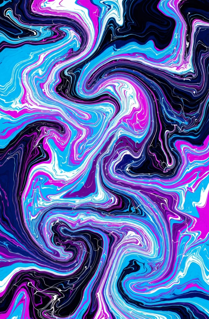 A vibrant abstract digital painting features a high-contrast marble pattern with swirling waves of cyan, magenta, purple, and white against a dark blue and black background. The composition is entirely filled with fluid, interlocking ribbons of color that create a sense of chaotic, energetic movement. Saturated cyan and electric blue bands flow across the frame, intermingled with bright magenta and deep violet swirls that curve and loop into one another. Thin, erratic white lines resembling threads of liquid light weave through the darker hues, highlighting the contours of the broader color masses. Areas of deep navy blue and solid black provide a high-contrast base, making the neon-like colors appear luminous and sharp. The artistic style mimics liquid marbling or hydro-dipping, rendered with a digital clarity that shows both broad, smooth strokes and intricate, wispy filaments. The perspective is a flat, edge-to-edge view of the textured surface, with no single focal point, emphasizing a continuous and repeating pattern of fluid dynamics.