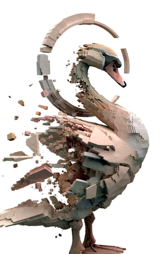 an aquatic bird such as a swan, three-quarter profile, form disintegrating into thousands of sculptural shards, voxels, and sharp geometric cubes, a minimalist circular ring floating behind its head like a fractured halo, entire structure composed of matte textured materials mimicking layered sandstone and ceramic in desaturated earthy tones and soft pinks, fragments flying outward in a dynamic explosion, clean high-key studio lighting, isolated on a pure white background, hyper-detailed 3d rend