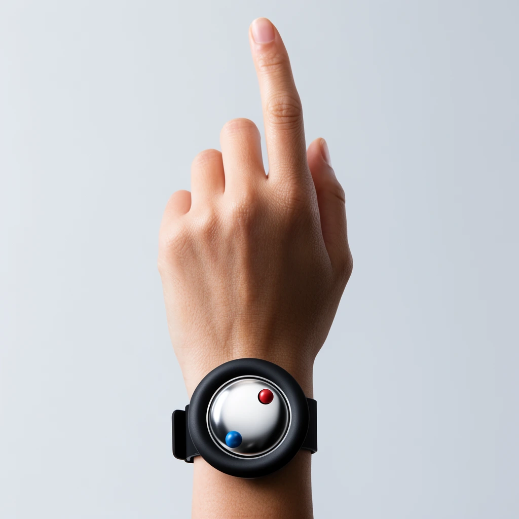 A raised human hand points an index finger upward against a light gray background. The wrist wears a futuristic circular watch featuring a thick matte black bezel, a reflective silver dome center, tiny blue and red accent spheres, and a black strap. Crisp studio lighting highlights natural skin textures and sleek metallic product details.