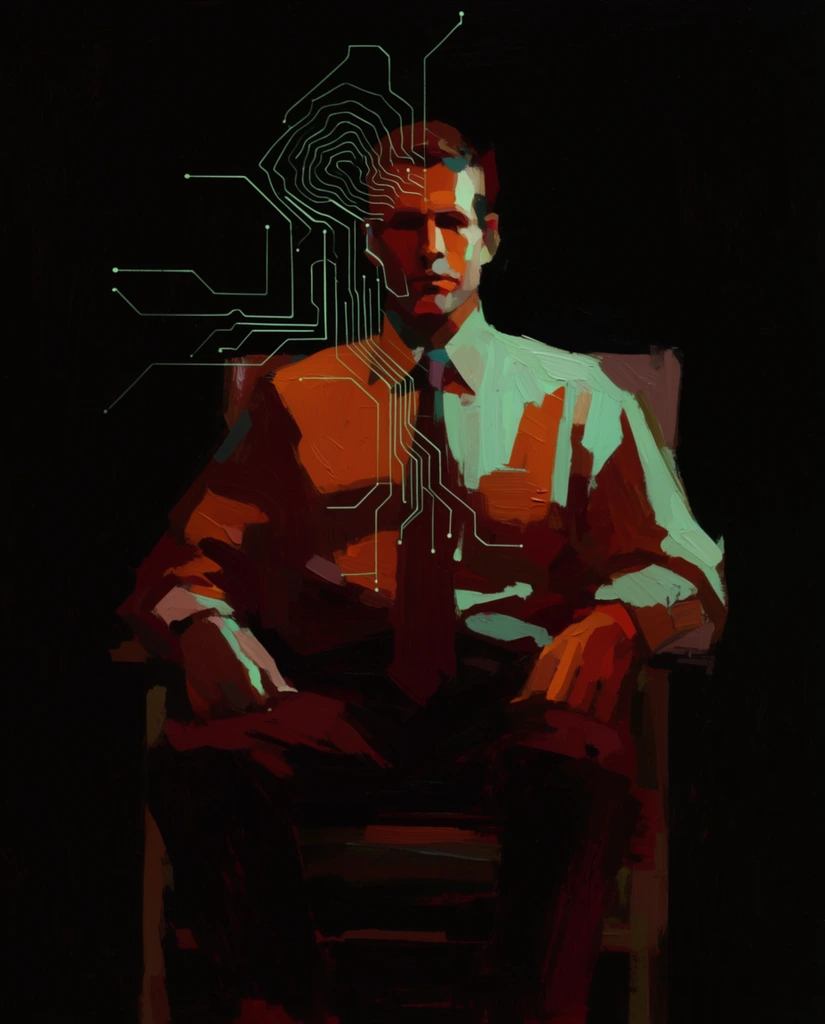 A painted portrait of a seated man wearing a shirt and tie, rendered with thick, expressive, blocky brushstrokes and overlaid with glowing green circuit lines against a pitch-black background. The man sits centrally on a chair, his form constructed from broad, flat swaths of thick impasto paint. His face, collared shirt, and tie are illuminated by dramatic, high-contrast, artificial lighting, dividing his figure into deep burgundies, burnt oranges, and stark pale mint-green highlights. Superimposed directly over one side of his head and torso is a delicate, glowing pale-green network of sharp, right-angled branching lines forming topographical contours and digital circuit board traces. The chair beneath him emerges faintly from the lower shadows, its structure defined by sparse, heavy strokes of muted dark red and brown paint. The surrounding environment is an infinite, flat, deep black space, isolating the illuminated figure. The visual treatment merges loose, chunky painterly textures with sharp, futuristic tech-noir line art overlays, characterized by heavy chiaroscuro and stark, split warm-and-cool color blocking.