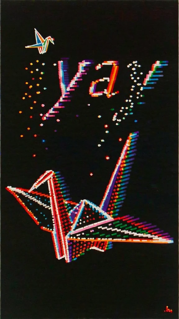 pitch-black void, a single origami crane in the lower center composed of staccato rows of luminous red and white dots, above it the word iyay in kinetic pointillist typography, the first and last letters shattered into glowing pixelated shards, a minuscule origami fledgling emerging from the broken first letter, all forms defined by vibrant motion-blurred light trails and discrete circular pixels in cyan, orange, and white, retro-digital screen-print aesthetic, high contrast