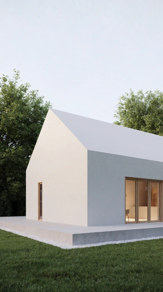 minimalist modern white house, pitched roof, smooth walls, wooden framed glass doors revealing warm interior, narrow vertical window, elevated concrete platform, white gravel border, lush green trees, grass lawn, soft daylight, photorealistic architectural render, pale sky