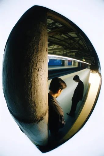 Distorted Minimalist Studio style reference image — fisheye lens distortion