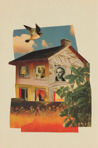Surrealist Vintage Collage style reference image — torn paper layers