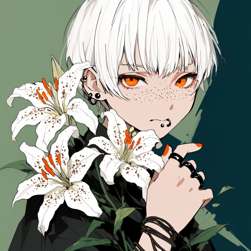 A crisp 2D anime-style portrait of a pale youth with short choppy white hair, vivid orange eyes, and prominent freckles across their nose. Adorned with black ear and lip piercings, they wear a dark collared garment. Their hand, sporting bright orange nail polish, black rings, and cord bracelets, holds three large white lilies speckled with brown alongside vibrant orange stamens. Bold black line art and flat cell shading define the character and stylized green leaves, set against an abstract, split-color background of solid sage green and dark teal.