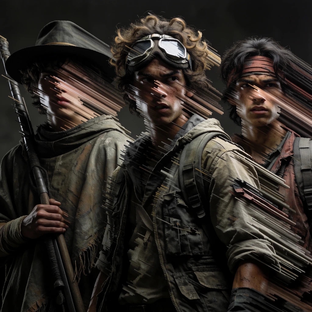 three boys side-by-side, one in a hat and poncho, one with a staff, one with goggles, rendered in a directional pixel-sorting digital extrusion, kinetic long-exposure motion trails stretching to the right, high-contrast chiaroscuro, molten gold specular highlights, deep obsidian shadows, shimmering liquid-metal textures, fragmented crystalline shards, heavy 16mm analog film grain, low-angle dynamic framing, retro-futuristic glitch aesthetic, halated edges