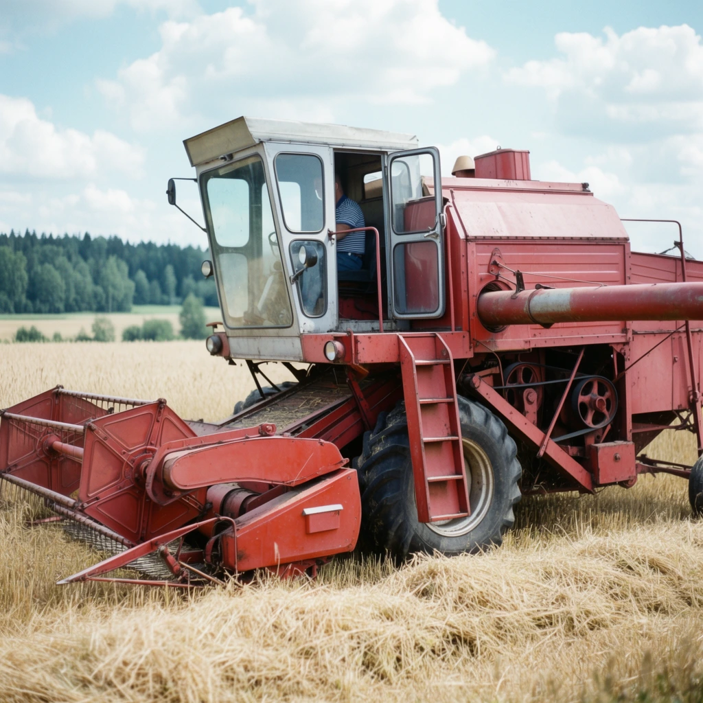 A vintage red agricultural combine harvester rests in a golden field of cut grain under a bright blue sky with fluffy white clouds. The heavy machinery features a silver-framed glass cab with an open door, revealing a driver in a blue and white striped shirt at the controls. Intricate red mechanical components, including a wide front gathering reel, exposed belts, and a side access ladder, define the rugged construction. A cylindrical unloading chute lies horizontally along the paneled side. Thick, heavily treaded black tires crush the dry yellow stalks beneath them. In the softly focused background, a dense treeline of dark green forest borders the expansive rural landscape. The scene is captured in natural daylight with a slightly desaturated, film-like photographic quality highlighting the weathered metallic textures.
