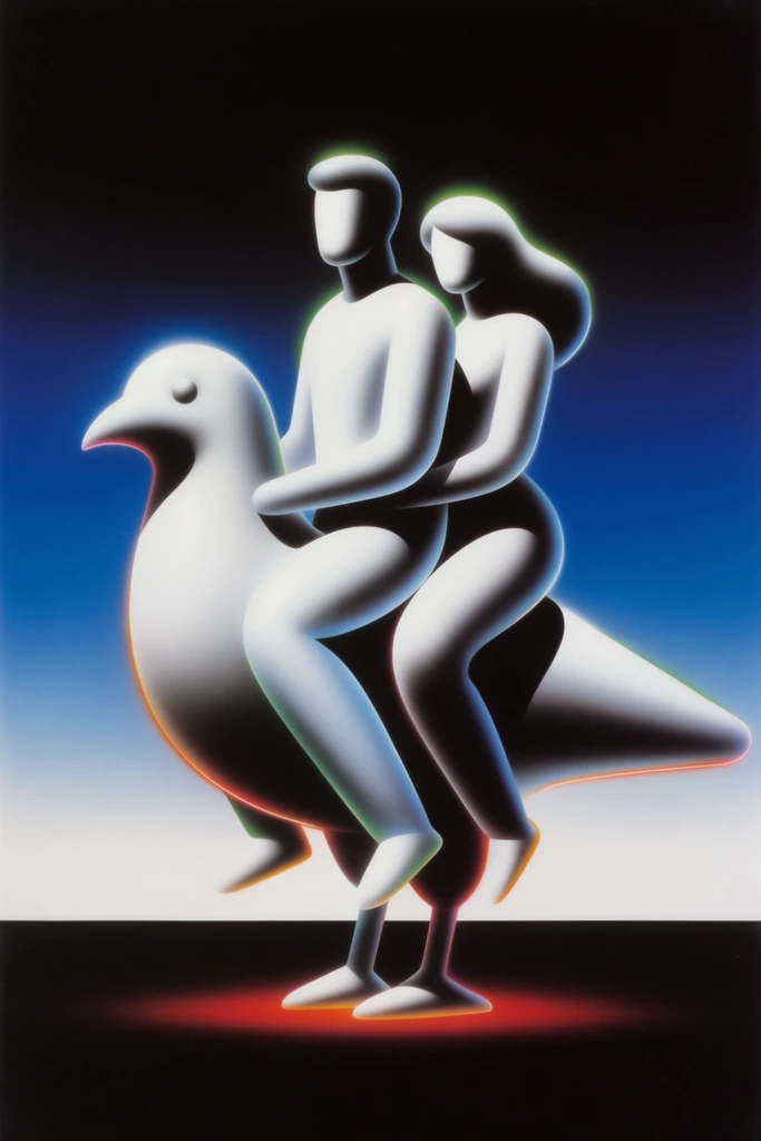A stylized man and woman ride a massive bird in a pristine, 1980s retro-futuristic airbrush illustration style characterized by flawless gradient shading and high-contrast chiaroscuro. The large bird and its two riders are constructed from inflated, rounded, and highly volumetric tubular forms featuring perfectly smooth, porcelain-like surfaces. The figures are intensely illuminated in stark, bright white, paired with deep, solid black drop shadows that define their exaggerated, curved contours. Delicate, glowing neon rim lights in faint green, icy blue, and fiery orange trace the outer edges of their hyper-smooth silhouettes. The subjects float centrally over a completely flat, solid black foreground separated by a razor-sharp horizon line, with a vibrant red-orange underglow reflecting on the dark ground plane directly beneath them. The background features a striking, seamless horizontal gradient transitioning from pitch black at the upper edge down to a vibrant cobalt blue, before fading perfectly into a pale, luminous white right at the horizon. The overall composition is monumental and surreal, utilizing dramatic directional lighting, flawless continuous shading, and the graphic precision characteristic of vintage, ultra-smooth airbrush art.