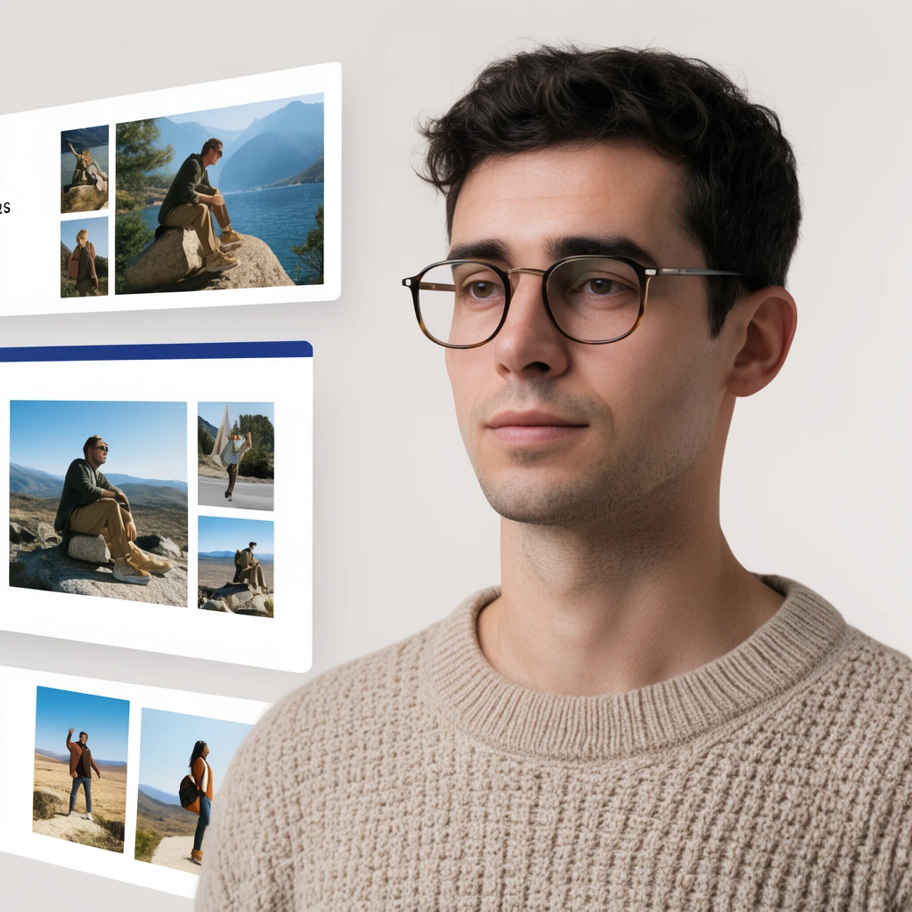 man with glasses and textured beige sweater, plain light background, floating overlapping presentation slides featuring outdoor lifestyle photography on the left, clean studio lighting