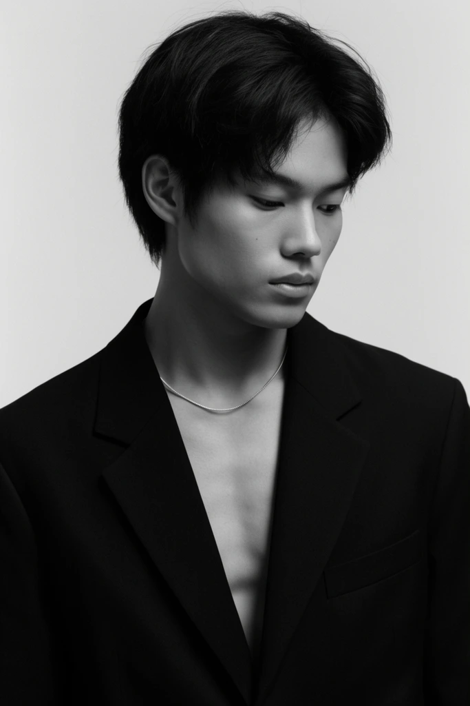 black and white studio portrait, young Asian man looking down, dark hair, open black blazer over bare chest, thin silver chain, soft directional lighting, plain background, minimalist fashion photography