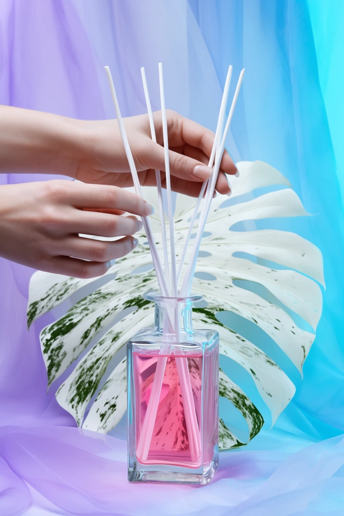 Pale hands delicately adjust white reed sticks in a rectangular glass diffuser bottle containing pink liquid. A white-painted, green-spotted monstera leaf sits behind it against ethereal draped sheer fabric transitioning from soft violet to vibrant cyan. Crisp studio product photography with elegant lighting.