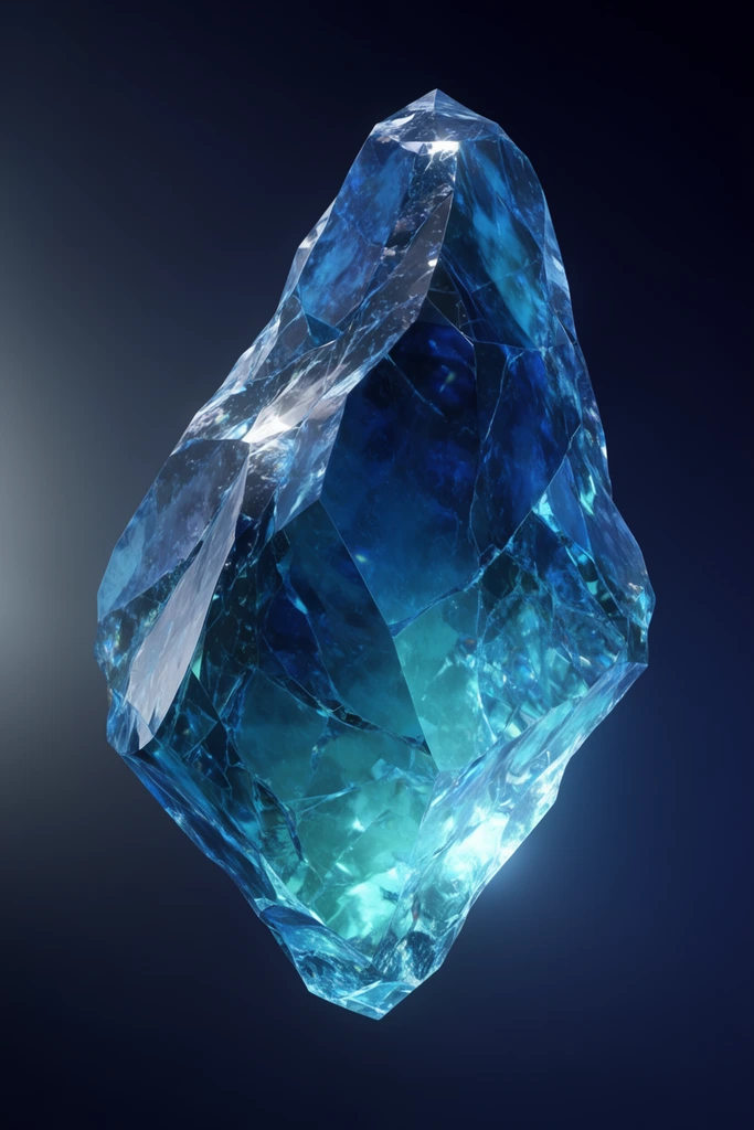 large floating translucent blue crystal shard, asymmetrical jagged geometry, internal fractures and facets, deep cyan to glowing aqua hues, highly refractive surface with sharp specular highlights, deep dark navy gradient background, subtle light source from the left, photorealistic 3D render, dramatic studio lighting, high contrast