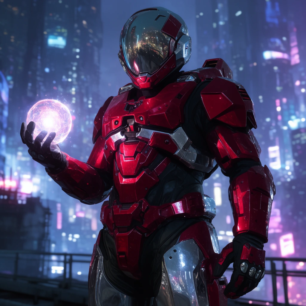 A futuristic soldier in heavy crimson and silver armor with a mirrored visor stands holding a glowing energy orb. Positioned on an elevated walkway, the figure overlooks a neon-drenched cyberpunk megacity at night. The low-angle cinematic shot features sharp rim lighting on the metallic suit against soft blue and magenta bokeh from distant skyscrapers.