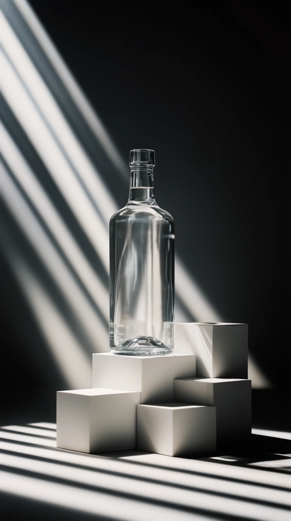 clear glass bottle on staggered white cubic pedestals, dark studio background, dramatic high-contrast diagonal striped light beams, stark parallel shadows, minimalist geometric product photography, cinematic chiaroscuro