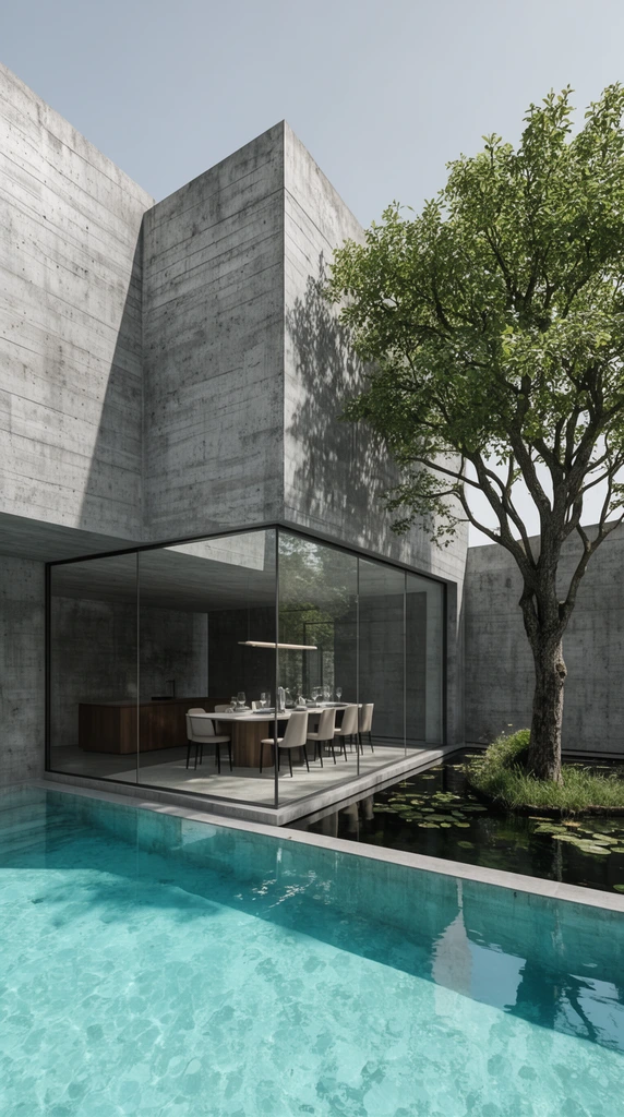 A minimalist brutalist villa features textured board-formed concrete walls intersecting a bright aquamarine swimming pool. Floor-to-ceiling glass panels reveal an elegant interior dining room. A mature leafy tree grows beside the glass from a dark lily pond, seamlessly integrating nature with raw architecture. Crisp daylight casts sharp geometric shadows across the grey concrete in this photorealistic architectural visualization.