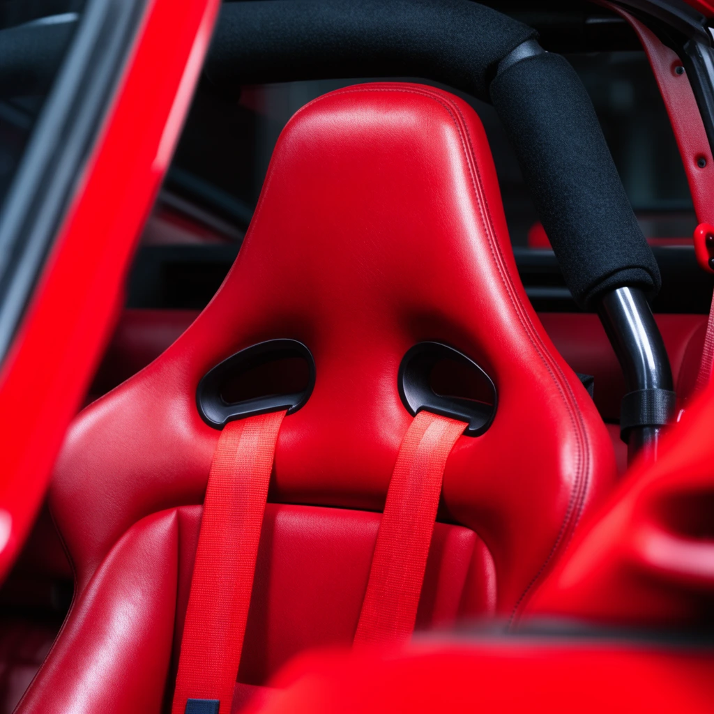 close-up vibrant red leather racing seat, red safety harness straps, black cutouts in headrest, padded black roll bar, framed by blurred red car exterior panels, shallow depth of field, high contrast automotive photography