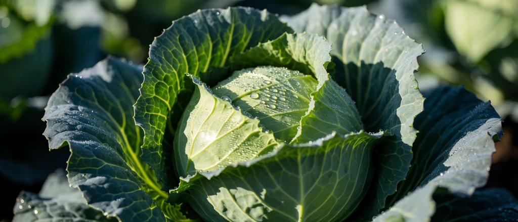 A striking close-up photograph of a dew-covered green cabbage growing in a sunlit field. The tightly wrapped spherical core is a pale, luminous green, densely speckled with sparkling water droplets. Massive, ruffled outer leaves of a darker emerald green frame the center, displaying prominent, thick vascular veins and crinkled textures. Brilliant directional sunlight strikes from the left, carving out stark highlights and deep, cool-toned shadows within the leafy folds. The background melts into a shallow depth of field, reducing surrounding plants to smooth, abstract bokeh blobs of dark green and shadow.