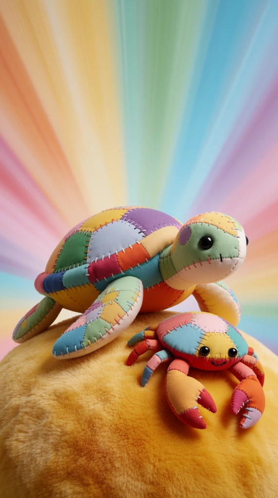patchwork fabric plush turtle and crab, stitched multicolored shells, golden-yellow plush mound, radiating motion-blurred pastel rainbow background, detailed textile textures, macro photography