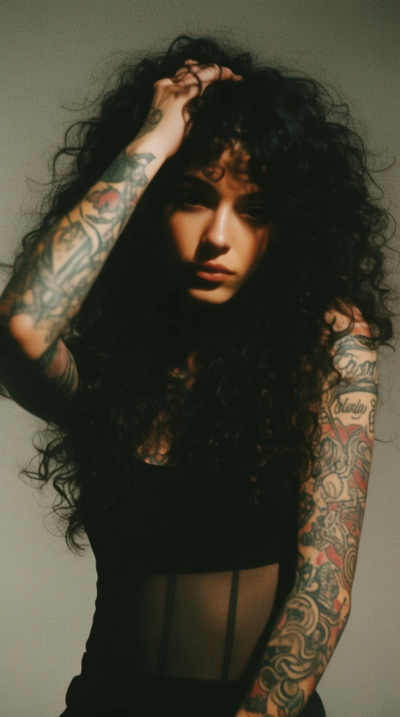 young woman with voluminous dark curly hair and heavily tattooed arms, wearing a black top with sheer mesh midriff, hand raised in her hair, dramatic side-lighting casting deep facial shadows, neutral grey background, moody editorial portrait, vintage film aesthetic, heavy film grain, muted tones