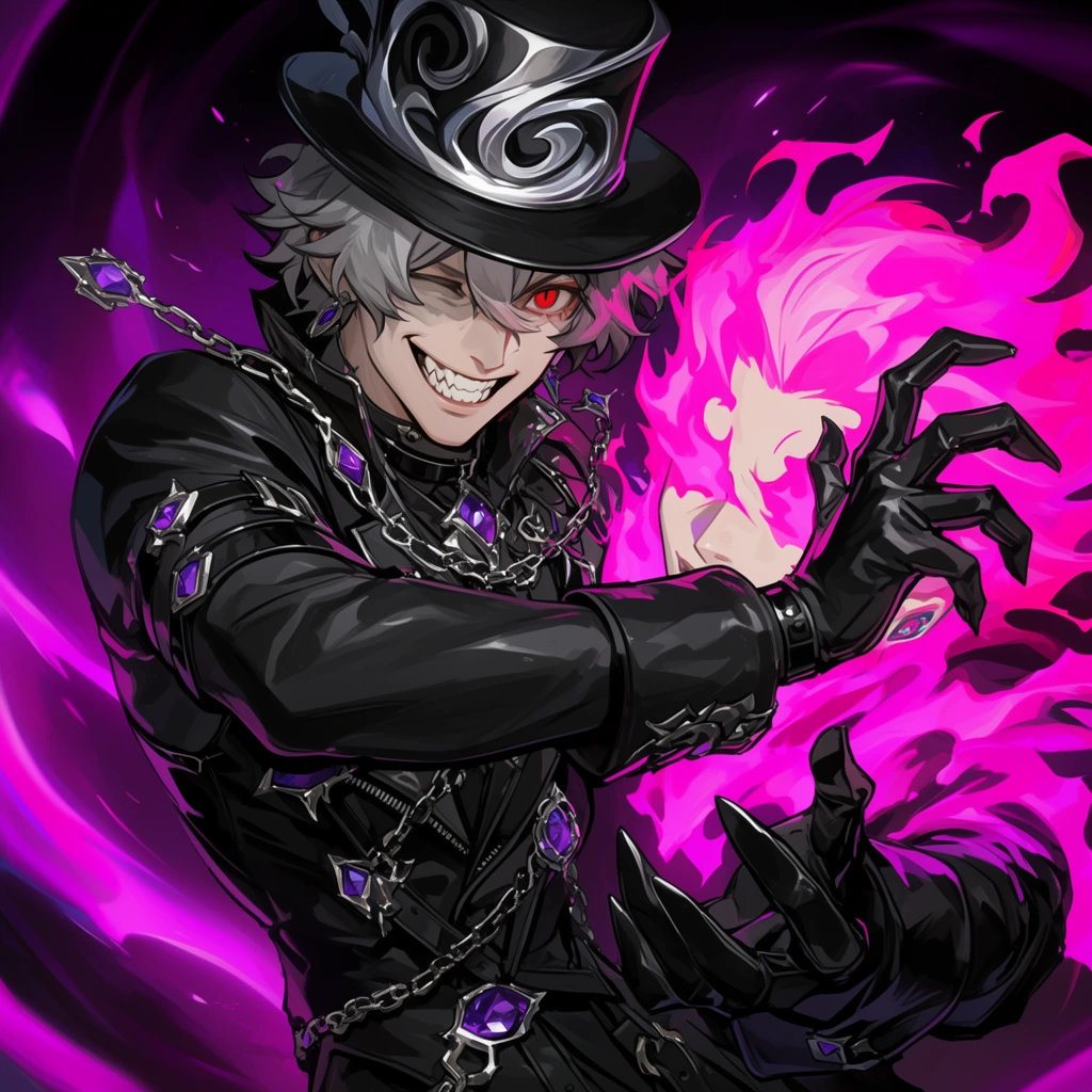 A dynamic digital illustration features a grinning man in theatrical black attire surrounded by vibrant magenta energy. He has messy grey hair, a glowing red eye, sharp teeth, and a silver-swirled black top hat. His intricate black leather outfit is detailed with silver straps, chains, and purple gemstones. His left arm sweeps across a partially obscured face emitting neon magenta flames, while his gloved right hand reaches forward in a clawed gesture. The dark background is illuminated by swirling purple light. Rendered in a high-contrast anime style, the composition uses sharp linework, dramatic shading, and aggressive framing to create intense visual momentum.