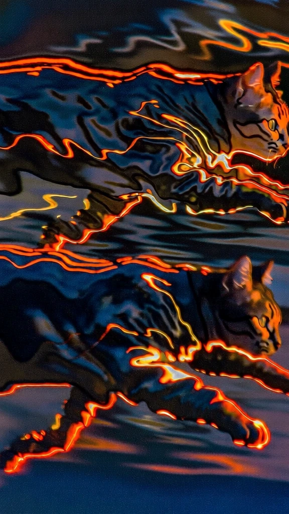 two anthropomorphic cats in detailed flight suits lunging forward, dynamic motion pose, deep navy and midnight blue palette, vibrant glowing orange and yellow rim lighting, heavy film grain and analog noise, high contrast painterly aesthetic, blurred light trails tracing feline silhouettes, liquid motion blur, abstracted glowing highlights on metallic hardware, rich saturated shadows, cinematic noir quality, nostalgic grainy film stock, energetic and ethereal composition