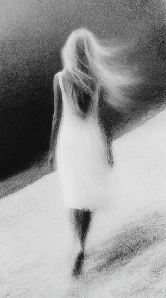A spectral figure viewed from behind, wearing a simple white dress with long, flowing light hair caught in an ethereal motion blur. The subject walks away across a stark, sloping pale ground, their legs fading into the heavy visual texture. The environment features a dramatic diagonal composition, split between a dark, shadowy void in the upper left and a luminous, textured foreground in the lower right. Rendered in strict monochrome, the image is defined by extreme film grain, intense noise, and a long-exposure effect that dissolves the physical boundaries of the subject. The impressionistic surface texture resembles a coarse charcoal smear or a highly degraded vintage silver gelatin print, creating a stark, high-contrast visual rhythm.