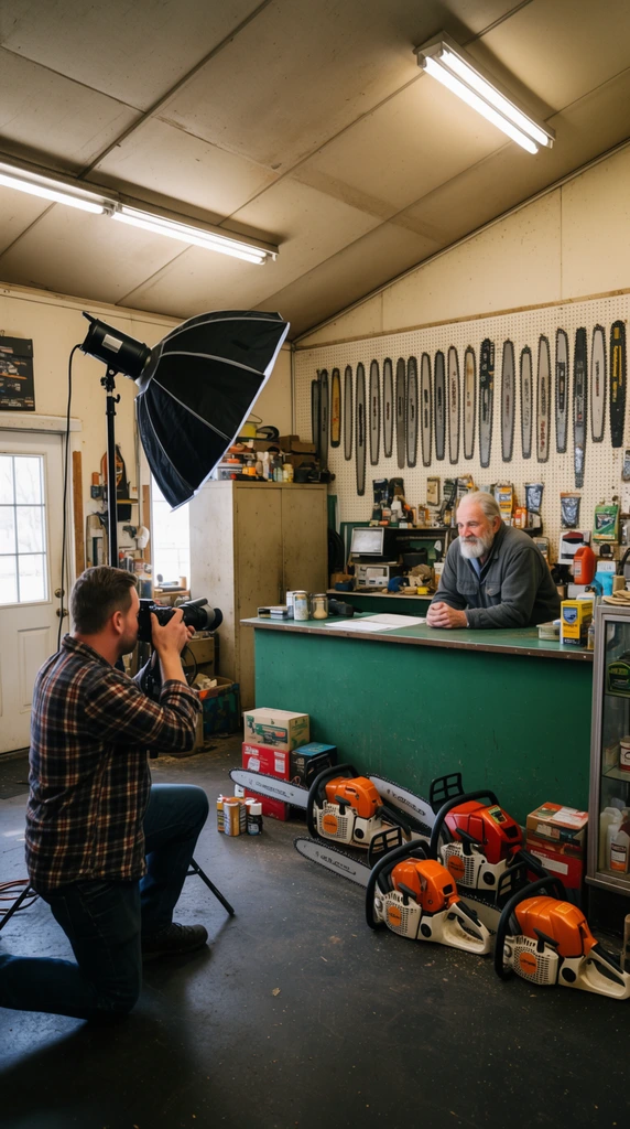 A wide-angle interior shot of a photographer kneeling to shoot a portrait of an older bearded man behind a shop counter. The photographer wears a plaid shirt, positioned near a large strobe light on a tall stand. The older man leans on a green counter inside a highly cluttered workshop. A pegboard wall behind him displays numerous chainsaw guide bars. Multiple chainsaws and supply boxes rest on the dark floor. The room features an angled ceiling, a white door, and a tall metal cabinet. Bright illumination combines overhead fluorescents and daylight, emphasizing the industrious environment with deep depth of field.