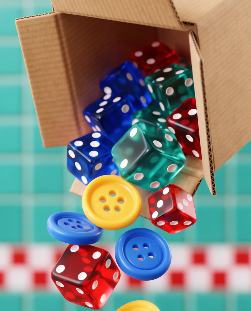 tilted cardboard box spilling a cascade of translucent dice and large plastic buttons, falling red blue and teal dice with white pips, chunky yellow and blue four-hole buttons, corrugated box interior, shallow depth of field, blurred background featuring teal square wall tiles and a red and white checkered border, macro photography perspective, vibrant 3D render aesthetic, bright playful lighting