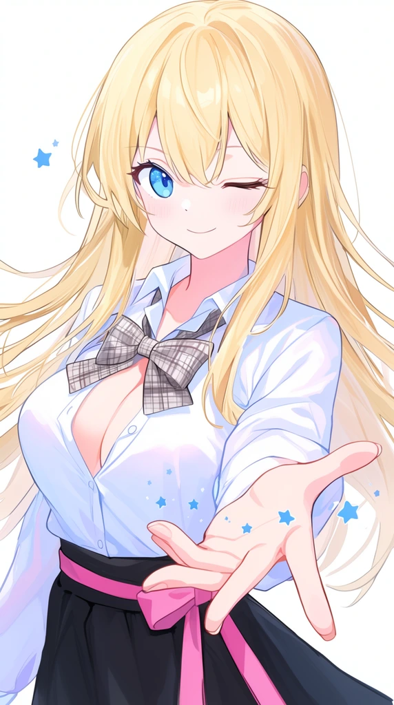 A winking anime girl with flowing blonde hair extends a foreshortened hand forward. She wears a white shirt, unfastened plaid bowtie, black skirt, and pink waist-tie. Small blue stars float near her fingers against a white background, rendered in bright, crisp pastel shading.