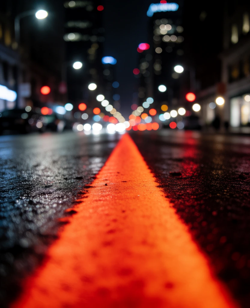 A low-angle, cinematic photograph captures a wet city street at night, centered on a vibrant, glowing orange-red line that recedes into a blurred urban horizon. The central element is a thick, luminous red-orange stripe painted on the dark, wet asphalt, starting from the bottom foreground and narrowing as it leads the eye toward the center of the image. The pavement is slick with moisture, creating dark, mirror-like reflections of the distant city lights and the central line itself. In the out-of-focus background, a array of bokeh lights in shades of brilliant white, deep red, and soft blue represent street lamps, traffic signals, and vehicle headlights. Tall, dark silhouettes of skyscrapers frame both sides of the street, their geometric forms rising into a dark, overcast sky. The composition employs a ground-level perspective with a extremely shallow depth of field, causing the foreground texture of the asphalt and the start of the line to be sharp while the rest of the scene dissolves into soft, circular light orbs. The lighting is low-key and atmospheric, characterized by high contrast between the deep blacks of the night and the neon-like glow of the artificial lights. The color palette is dominated by dark grays and blacks, punctuated by the intense warmth of the orange line and the various colored glows of the city's nightlife.