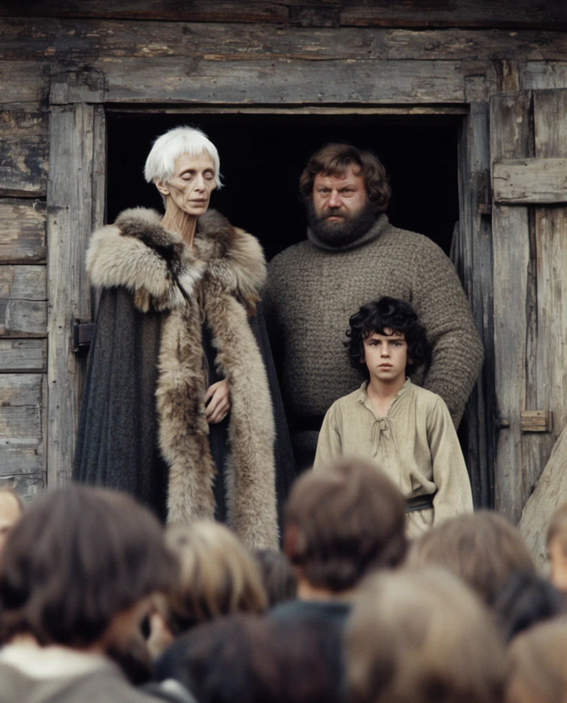 three figures at a rustic wooden barn doorway, tall gaunt woman with short white hair in a heavy fur-lined cloak, burly bearded man in a thick woolen sweater, young boy with dark curly hair in a peasant tunic, blurred crowd in the foreground, weathered wooden exterior, vintage 1970s film stock, soft muted natural lighting, cinematic medium shot
