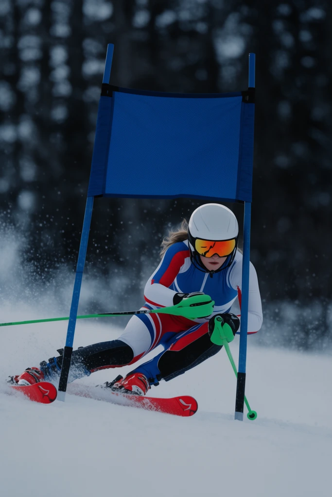 An alpine ski racer carving a sharp turn through a slalom gate on a snowy slope. The skier wears a tight white, red, and blue racing suit, a white helmet, and orange mirrored goggles, gripping neon green ski poles. She leans aggressively into the curve beneath a solid blue rectangular banner suspended between two blue poles. Crisp snow sprays from her red skis. The background fades into a dark, blurred winter forest, captured with a low angle, fast shutter speed, and a cool, cinematic palette.