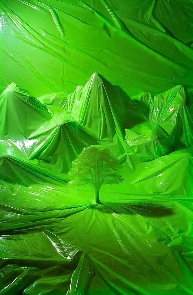 wide shot of a single tree in a field with a jagged mountain range, everything entirely shrink-wrapped in a layer of thin neon acid green plastic film vacuum-sealed to every contour, monochromatic fluorescent green color palette, high-contrast top-down lighting creating sharp highlights and deep shadows on the heavily wrinkled and crinkled plastic textures, surrealist synthetic aesthetic, conceptual art installation style, ultra-saturated lime green, material study.