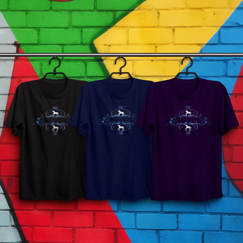 Three short-sleeved crew-neck t-shirts hang side-by-side on black hangers from a thin horizontal metal rod. The garments, colored black, navy blue, and dark purple from left to right, each feature identical white and light blue ornamental graphics with delicate filigree and small horse silhouettes. The shirts display natural fabric folds and cast soft drop shadows against a textured brick wall backdrop. This masonry wall is painted with bold, large-scale diagonal geometric color blocking in bright green, yellow, red, and blue. The composition uses a flat, frontal product photography perspective with even studio lighting that highlights both the rough grout lines of the brickwork and the soft drape of the garments.