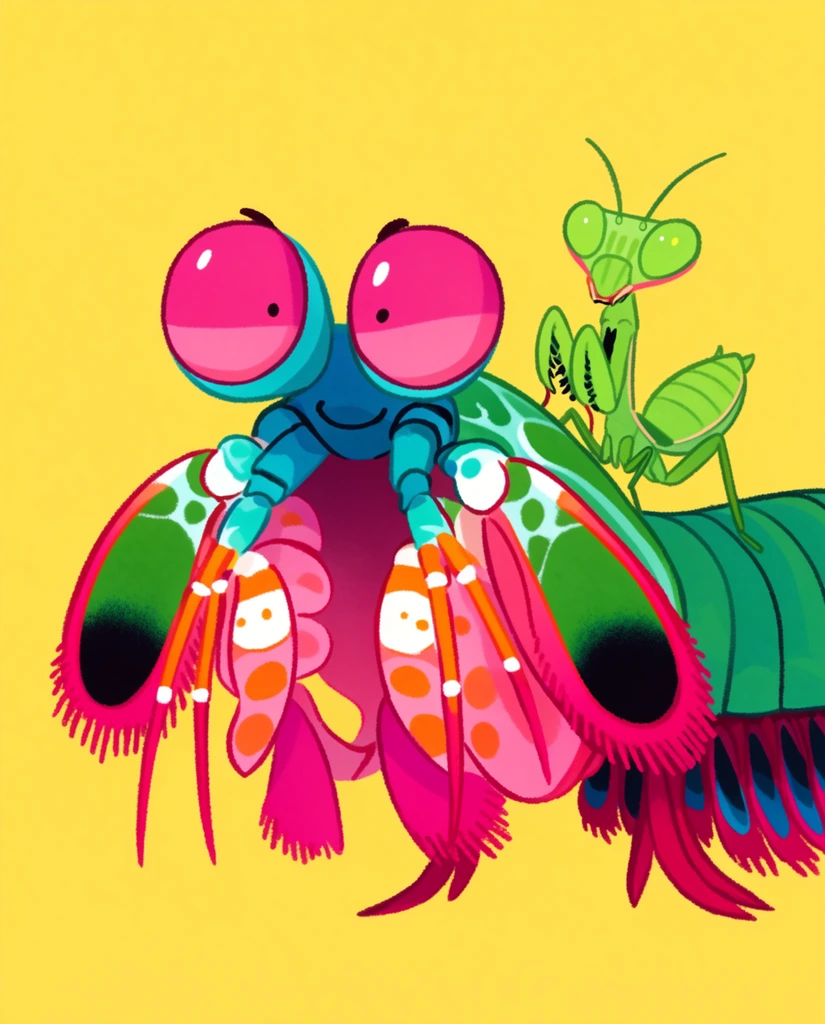 cute stylized mantis shrimp, vibrant teal body, oversized magenta eyes, large pink appendages with orange spots, small green praying mantis riding on its back, solid yellow background, 2D digital illustration, kawaii character design, textured crayon-like linework, bright flat colors with subtle grain, cheerful playful vibe