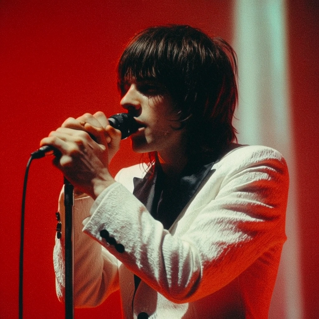 male singer gripping a microphone with both hands close to his lips, side profile, dark shaggy hair with bangs, textured white suit jacket with dark lapels, vivid crimson red background with pale vertical light projection, cinematic concert photography, dramatic lighting, vintage film grain