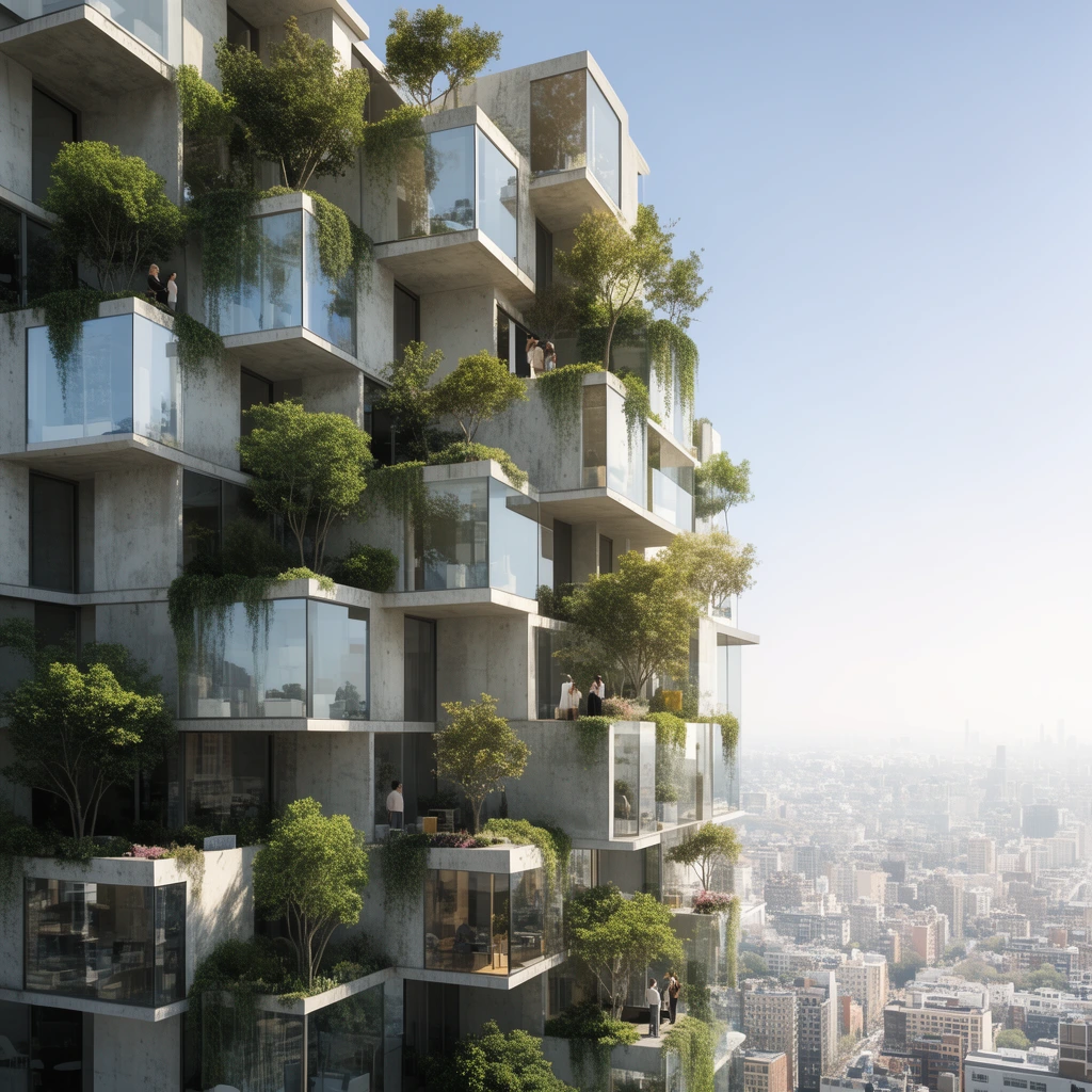 A staggered modular concrete high-rise featuring protruding glass-walled balconies filled with lush trees and trailing plants. Small figures occupy the terraces overlooking a vast, sunlit, hazy cityscape extending to the horizon in a bright photorealistic architectural rendering.