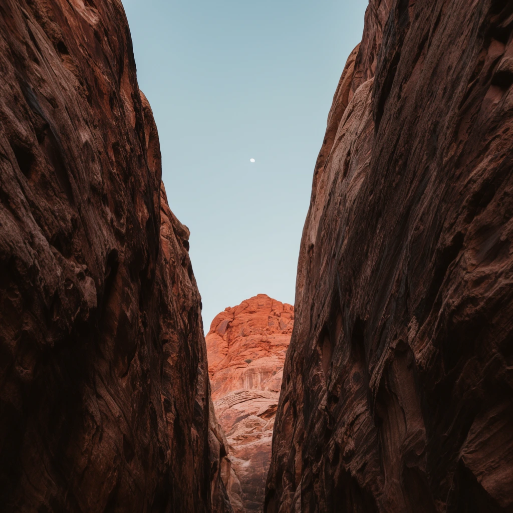 narrow slot canyon, towering sheer reddish-brown rock walls framing a clear sky, deep shadows on textured stone faces, distant sunlit terracotta rock formation centered in the gap, faint pale moon in the light blue sky, low angle perspective looking up, rugged desert terrain, natural earth tones, majestic landscape photography