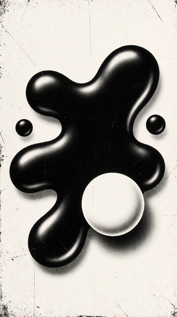 A glossy black fluid blob with rounded protrusions floats against a distressed off-white background. A solid white circle rests near the base of the dark shape, accompanied by two smaller floating black spheres. The high-contrast graphic features heavy vintage halftone dot shading, film grain, and subtle scratch textures reminiscent of retro zine illustrations.
